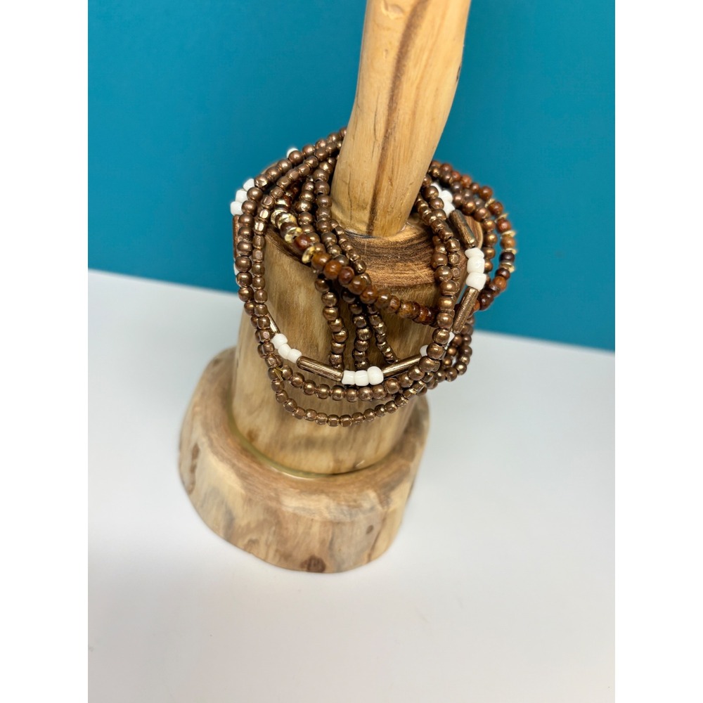 Setâ of 7 Boho Beaded Stretch Bracelets Bronze Brown White Wood Seed Bead Stack